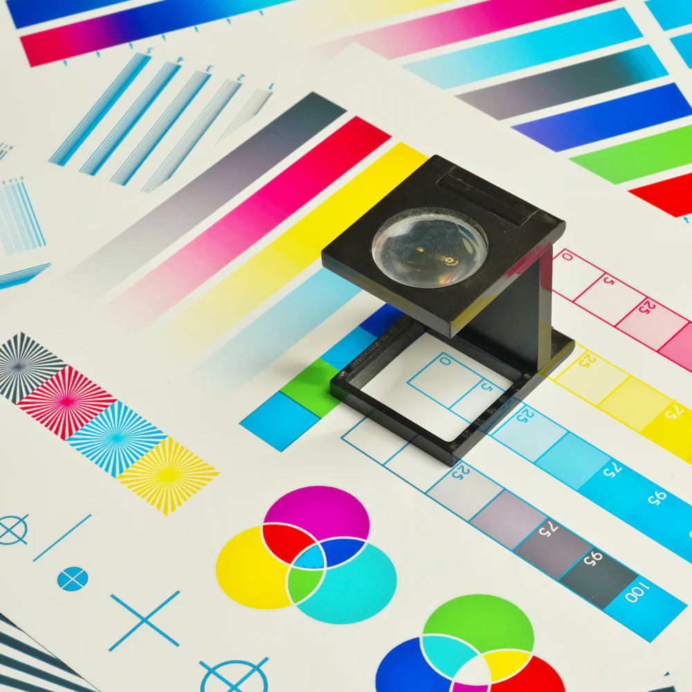 A loupe resting on a colour calibration print chart